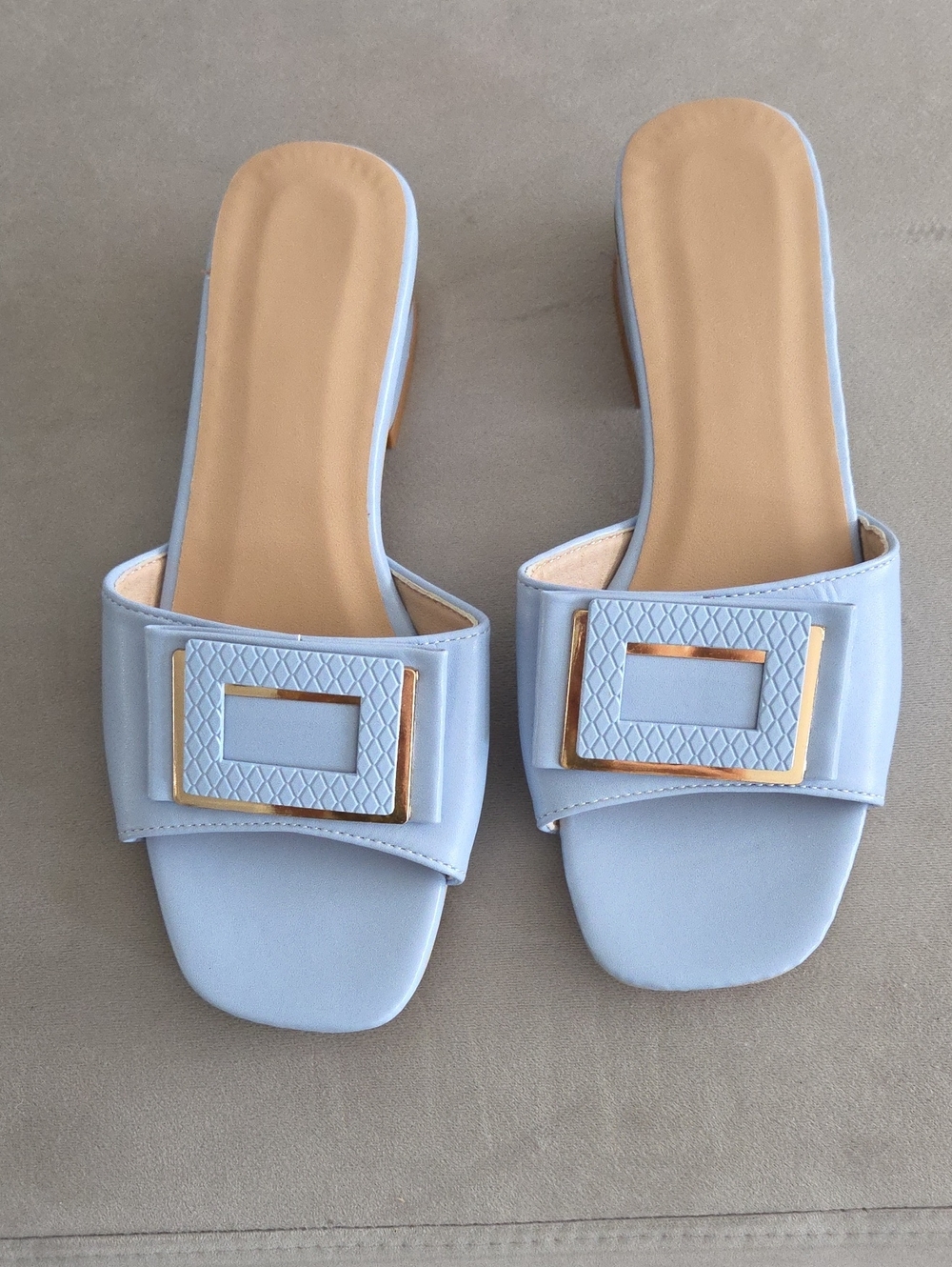 Ladies Light Blue Slide Sandals with Gold Accent